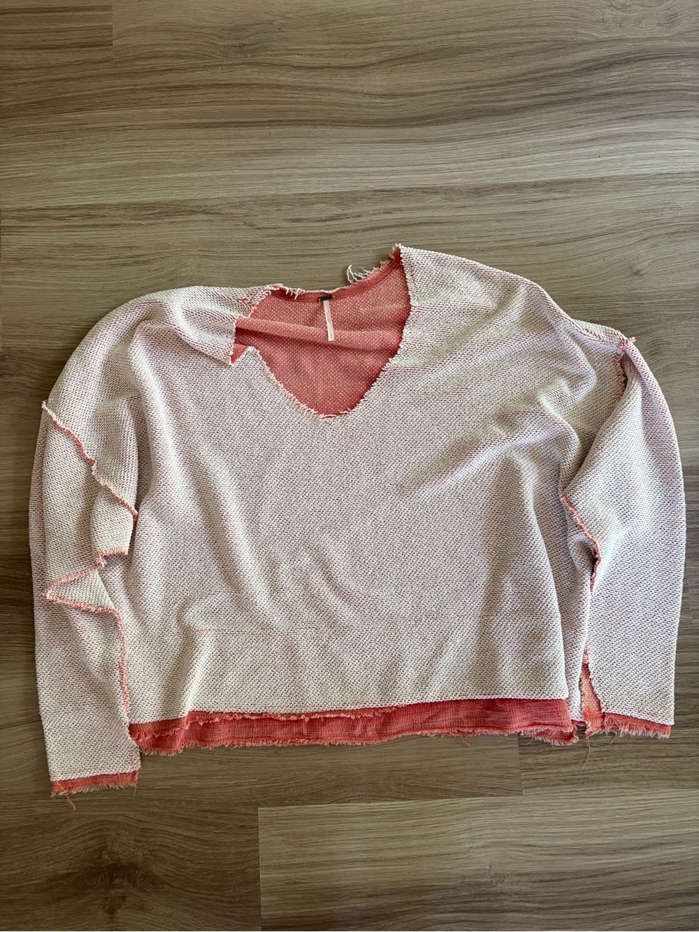 Light Pink Distressed Oversized V-Neck Sweater with Coral Trim